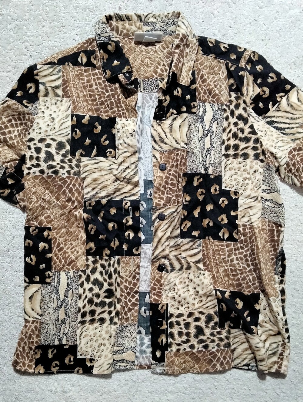 Women's Patchwork Animal Print Button-Up Shirt - Brown/Black